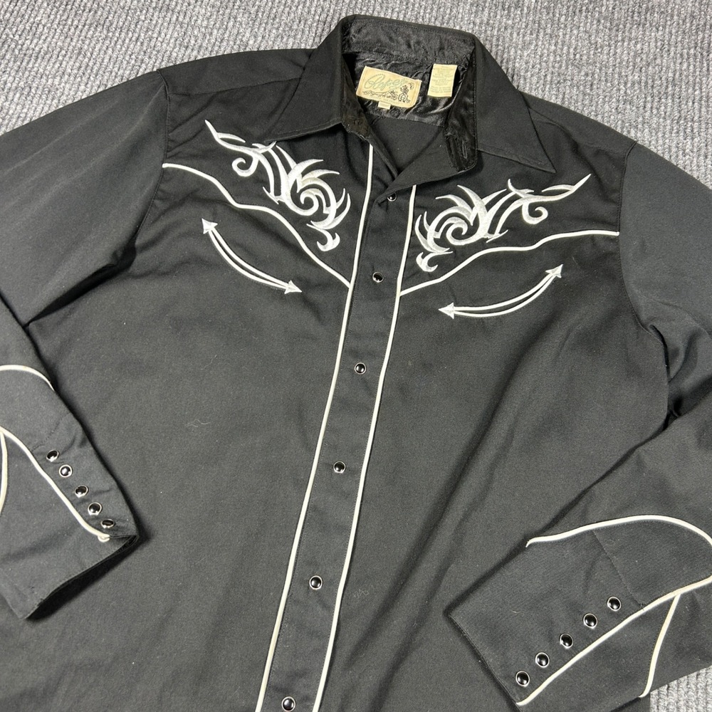 Vintage Roper Shirt Men's L Black Embroidered Western Pearl Snap Long Sleeve